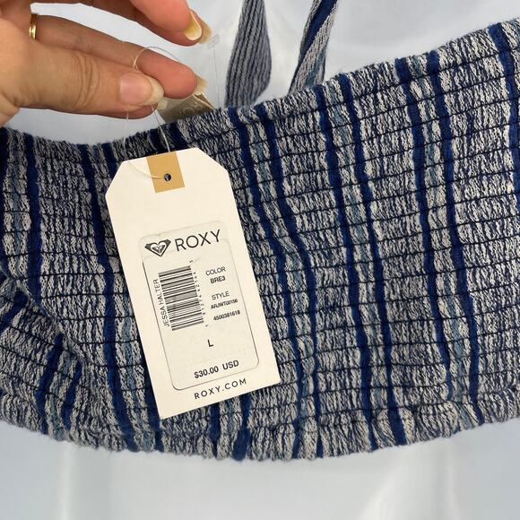 Roxy Bandeau Crop Halter Womens Top Sz L Boho Coastal Y2K Beach Smocked Striped - Picture 9 of 12